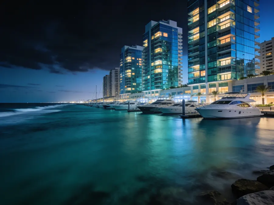 The Herzliya marina and seafront residential towers at blue hour