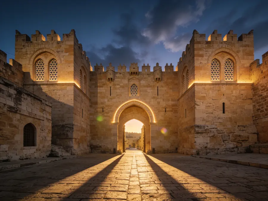 Jerusalem limestone architecture and the Old City walls at golden hour