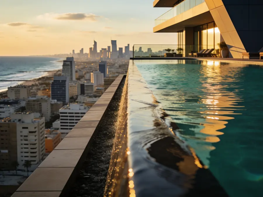 A penthouse terrace overlooking the Tel Aviv skyline and the Mediterranean